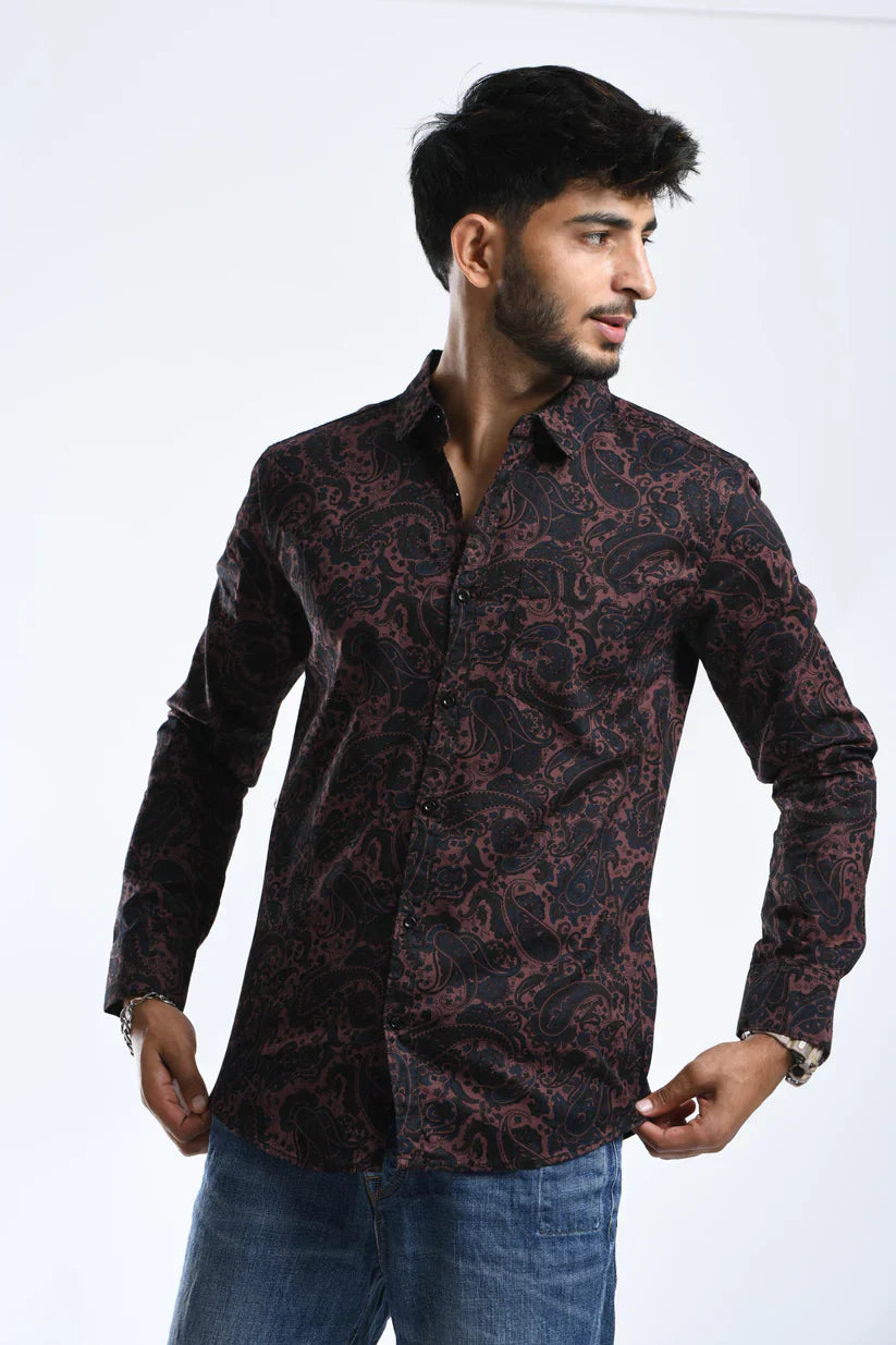 Men's maroon paisley shirt, 100% cotton, unique design, premium comfort.