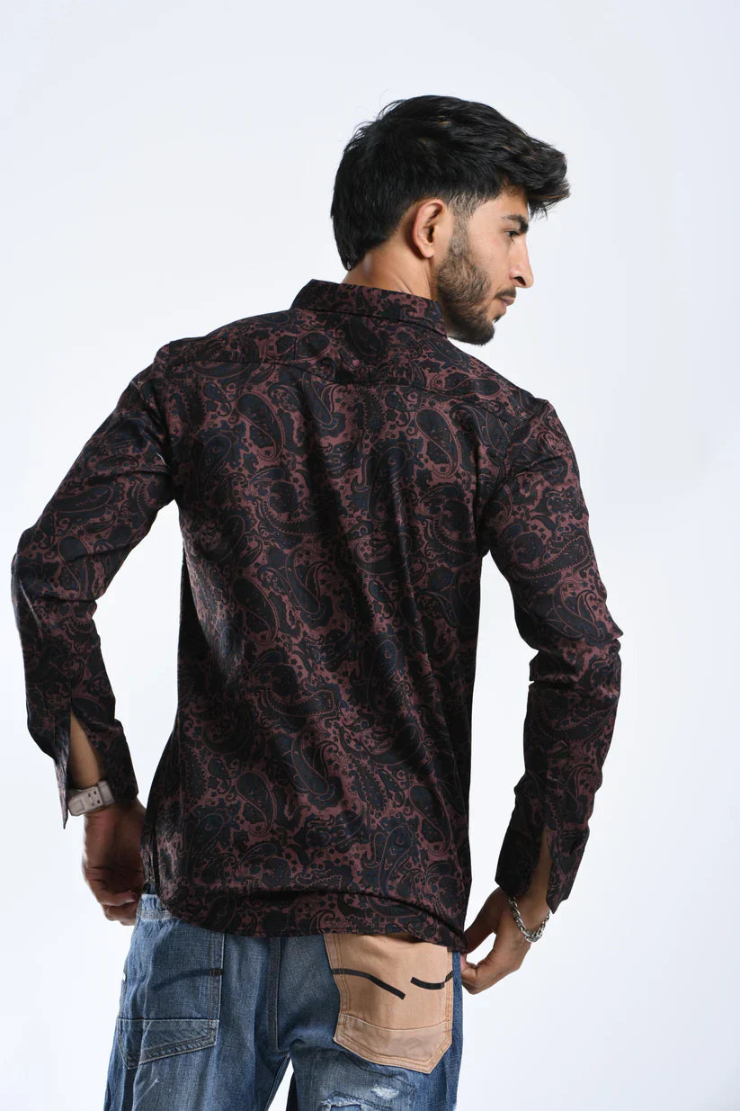 Maroon paisley shirt, 100% cotton, back view.