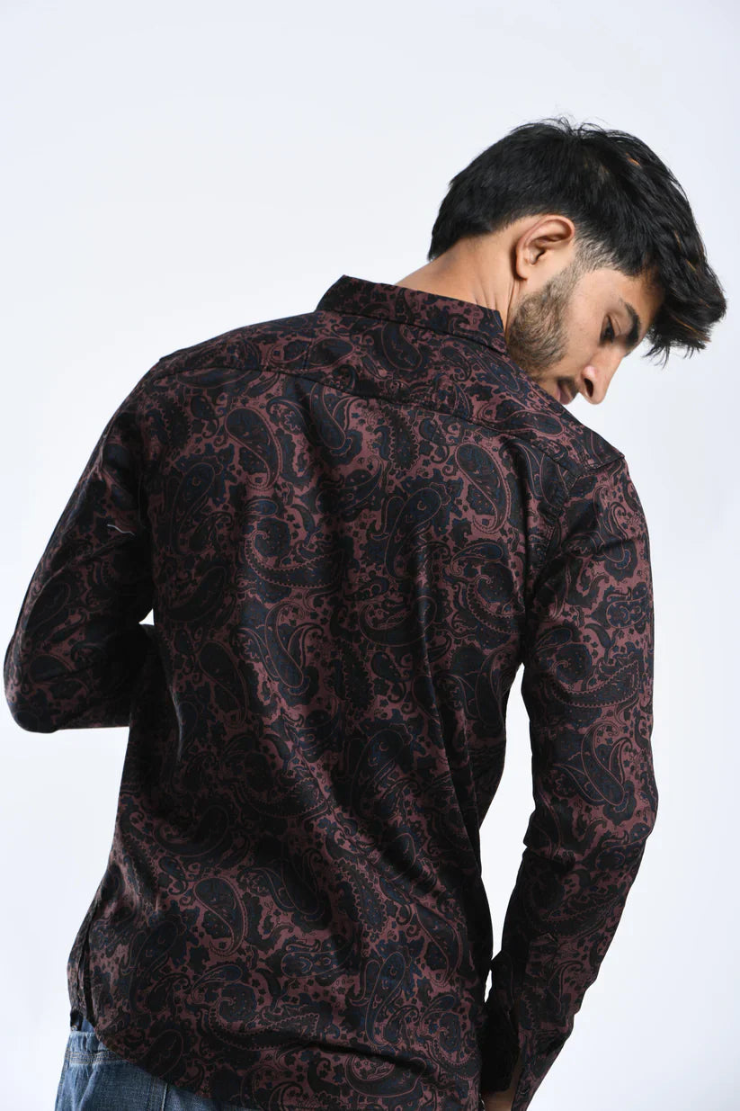 Man wearing maroon paisley shirt, 100% cotton, unique design.