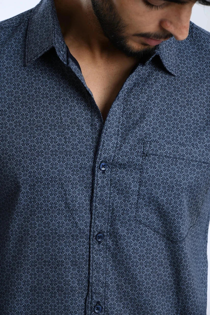 Men's elegant navy blue floral shirt made of 100% cotton.