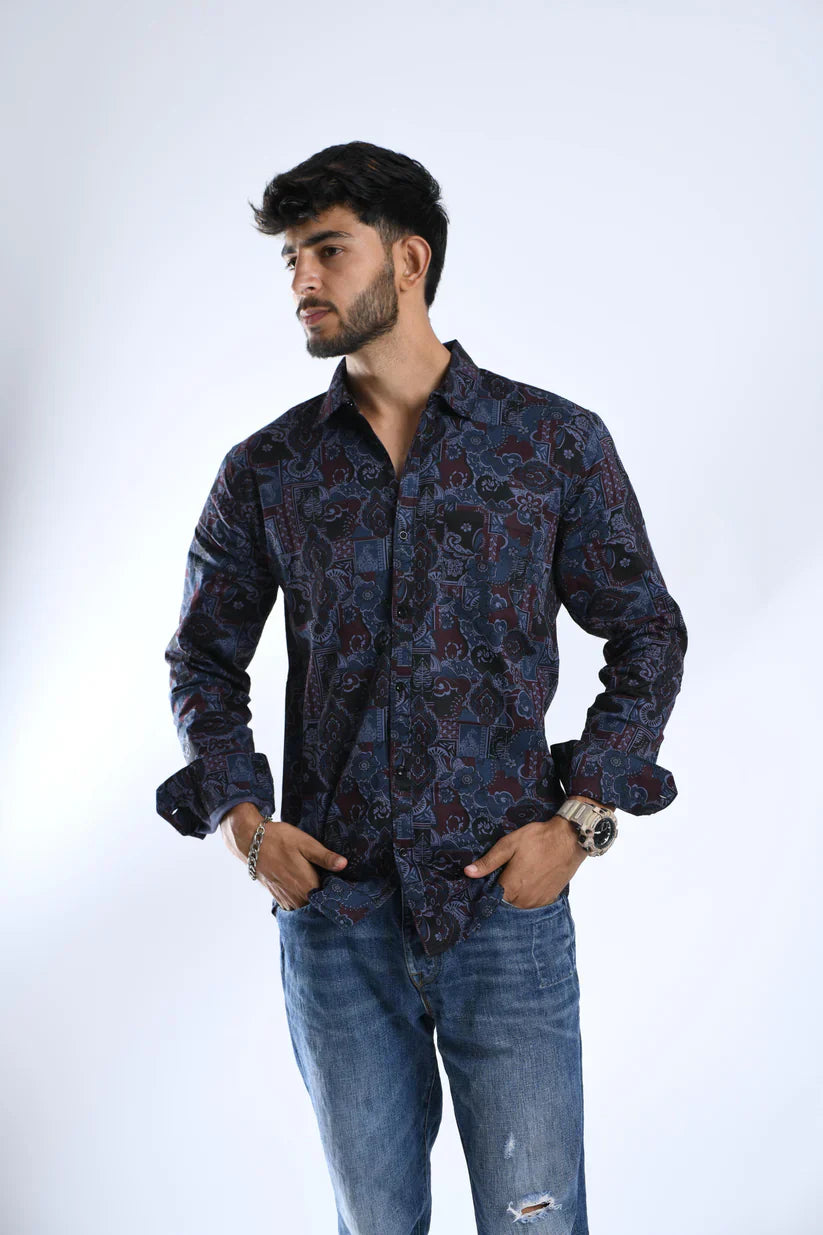 Navy blue printed shirt for men with unique design and premium comfort.