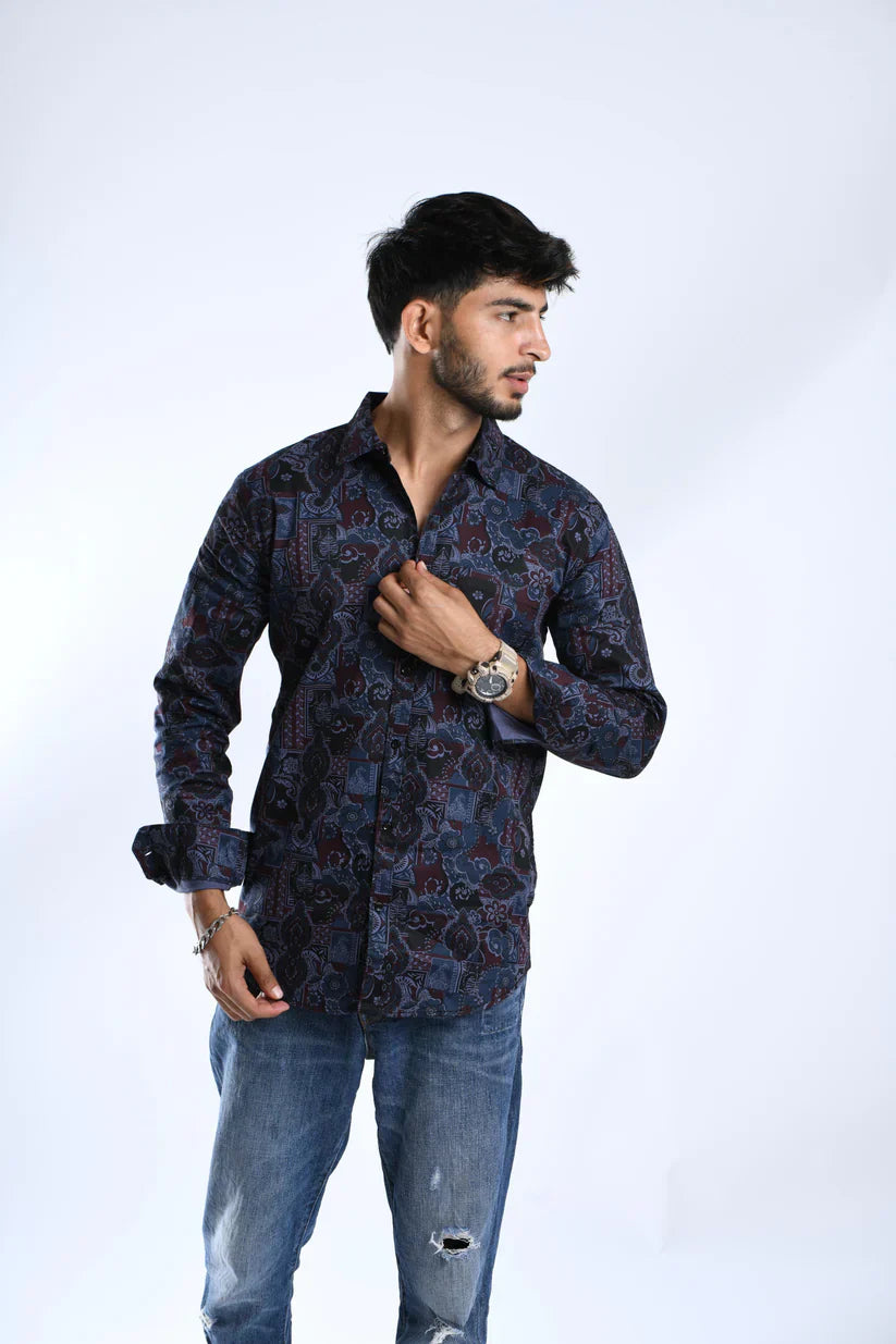 Navy blue printed shirt for men, stylish and comfortable.