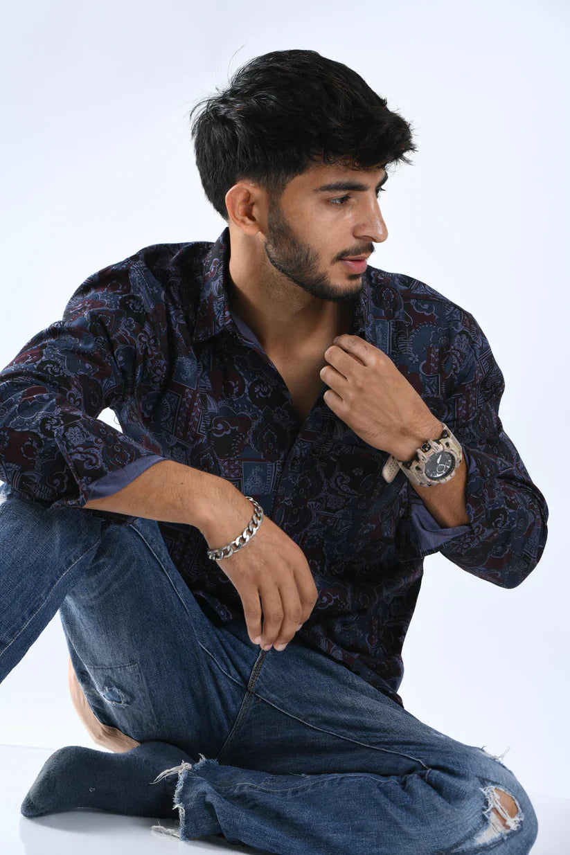 Navy blue printed shirt for men with unique design and premium comfort.