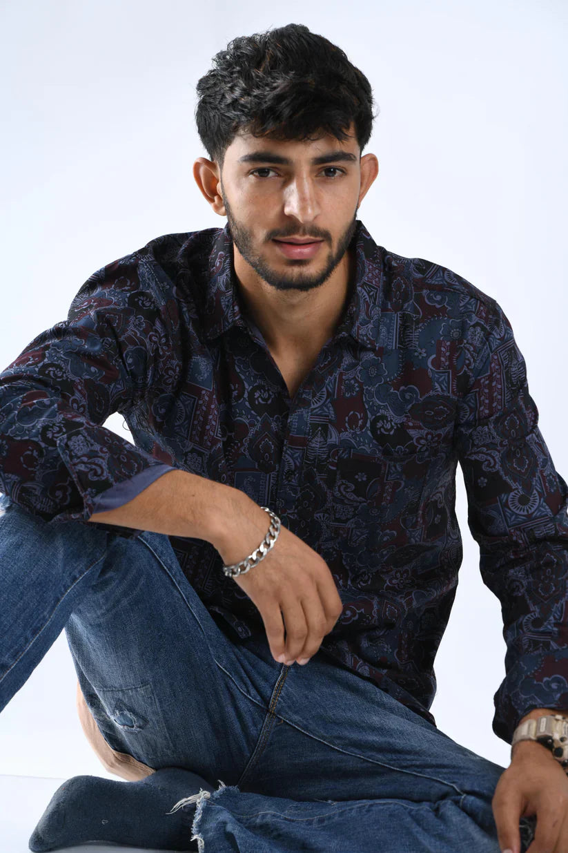 Navy blue printed shirt for men with unique design.