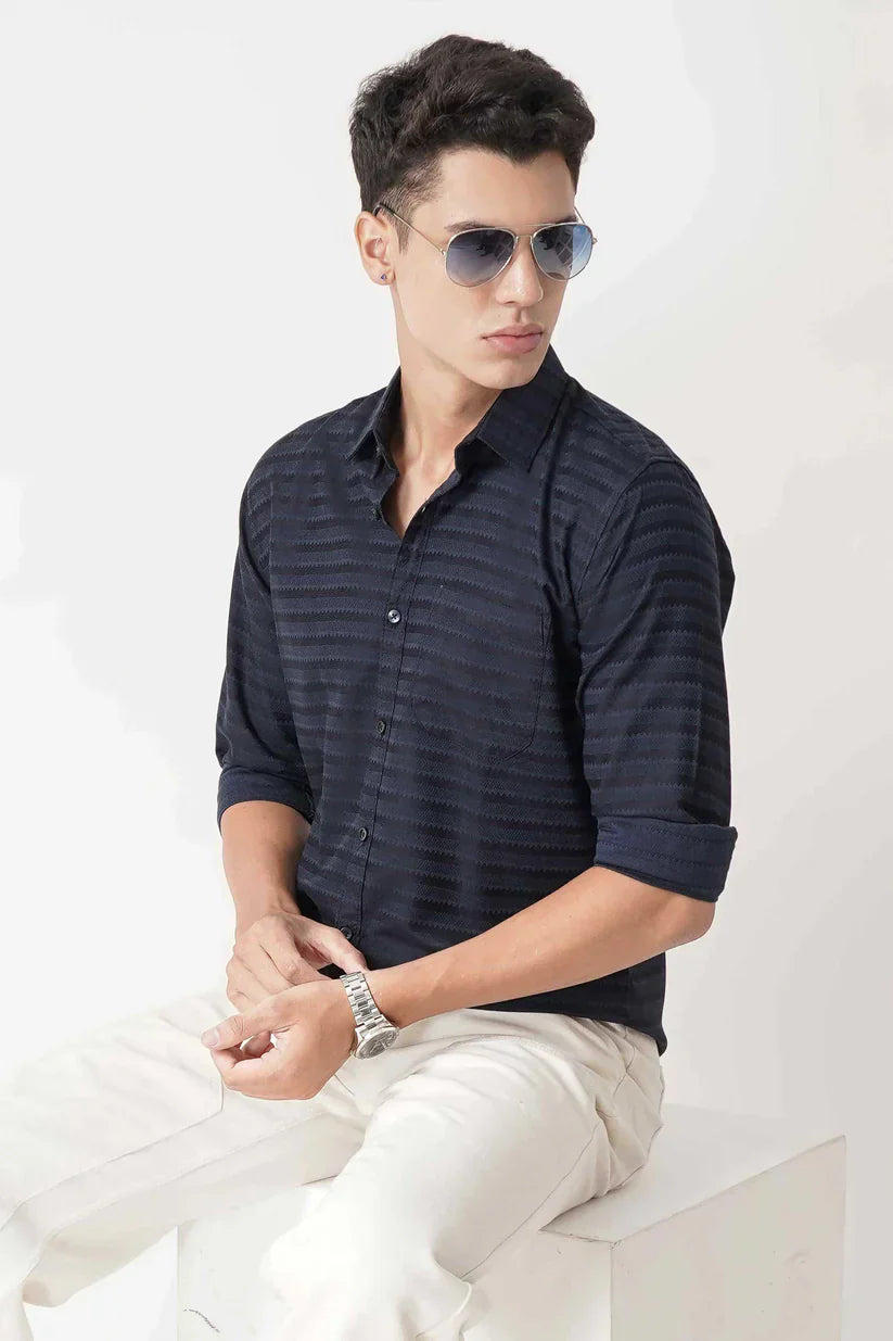 NAVY BLUE STRIPED SHIRT made with cotton blend fabric for men.