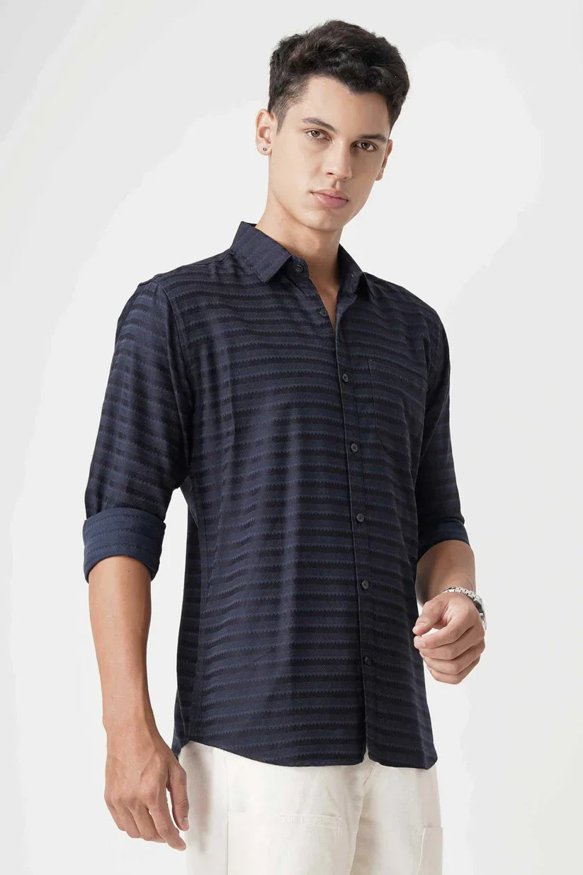 Navy blue striped shirt for men in cotton blend fabric.