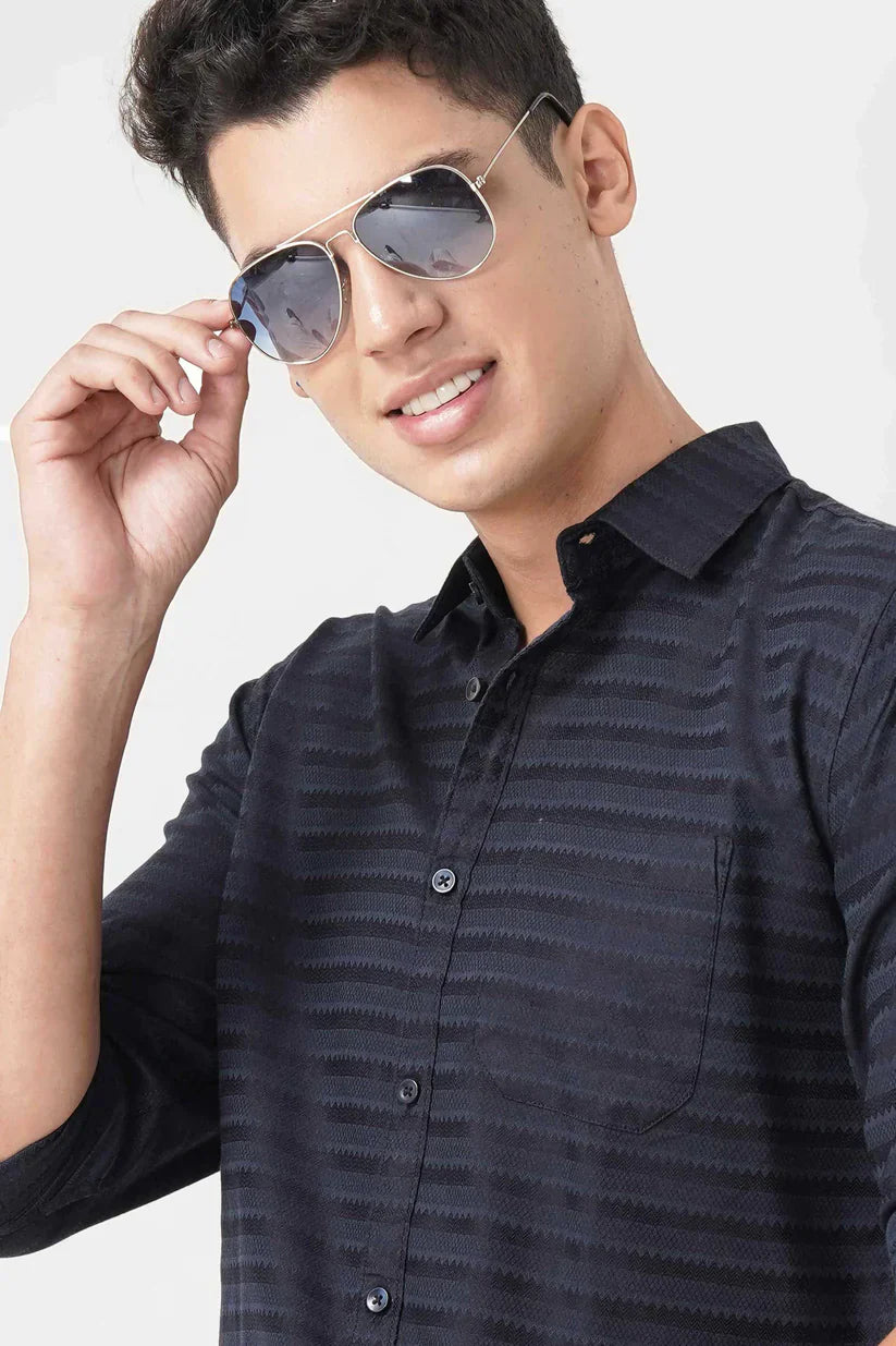 Navy blue striped shirt for men, cotton blend, classic style.