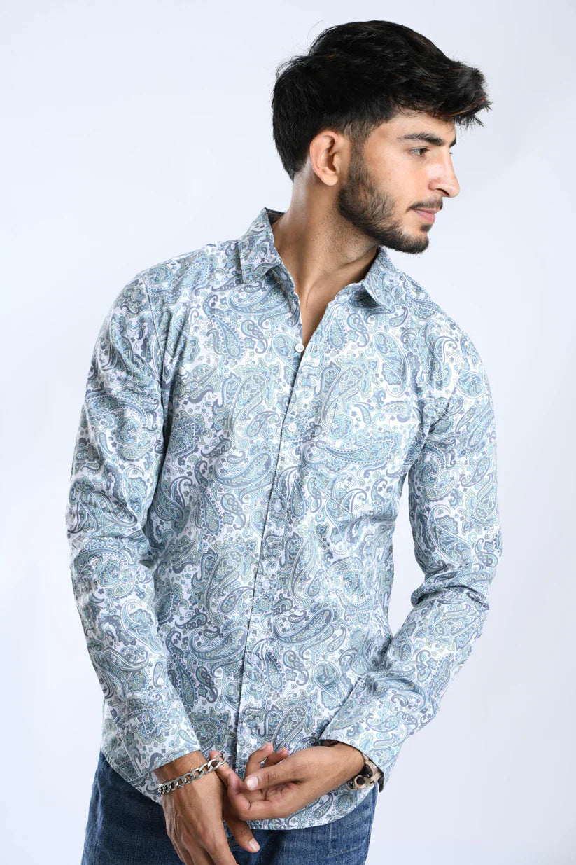 PAISLEY GREEN PRINTED SHIRT for men, 100% cotton, sophisticated design.