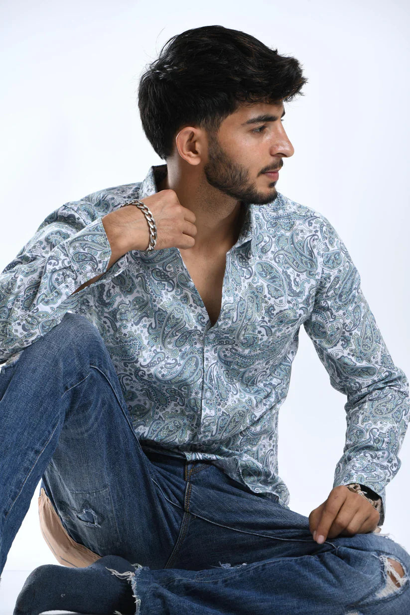 PAISLEY GREEN PRINTED SHIRT made from 100% cotton for men, showcasing a sophisticated design with premium comfort.