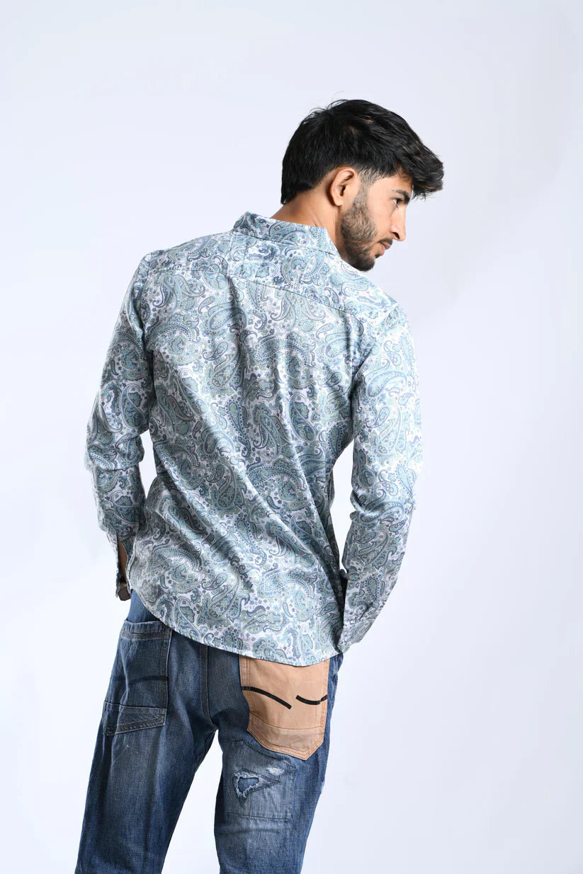 Paisley Green printed shirt for men, 100% cotton, back view.