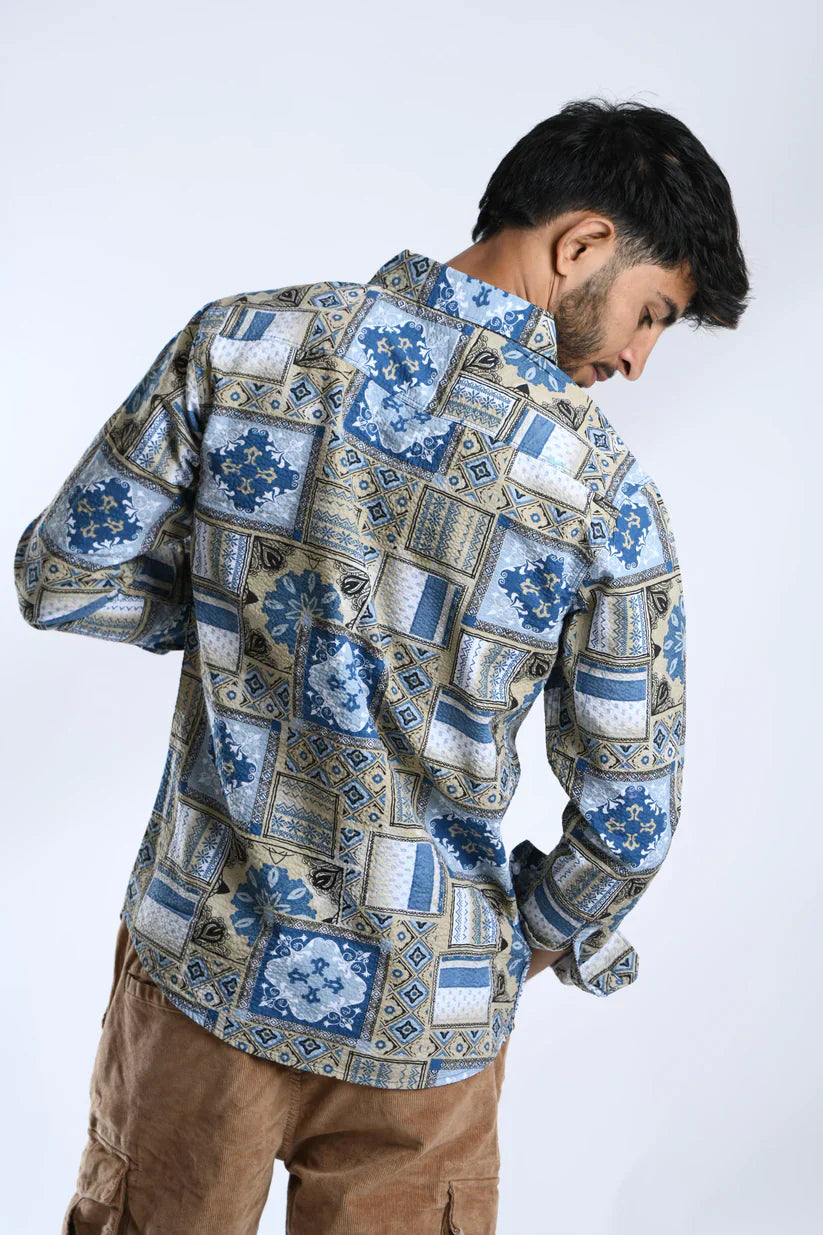 Azure Abstraction Popcorn Shirt with abstract design in azure color.