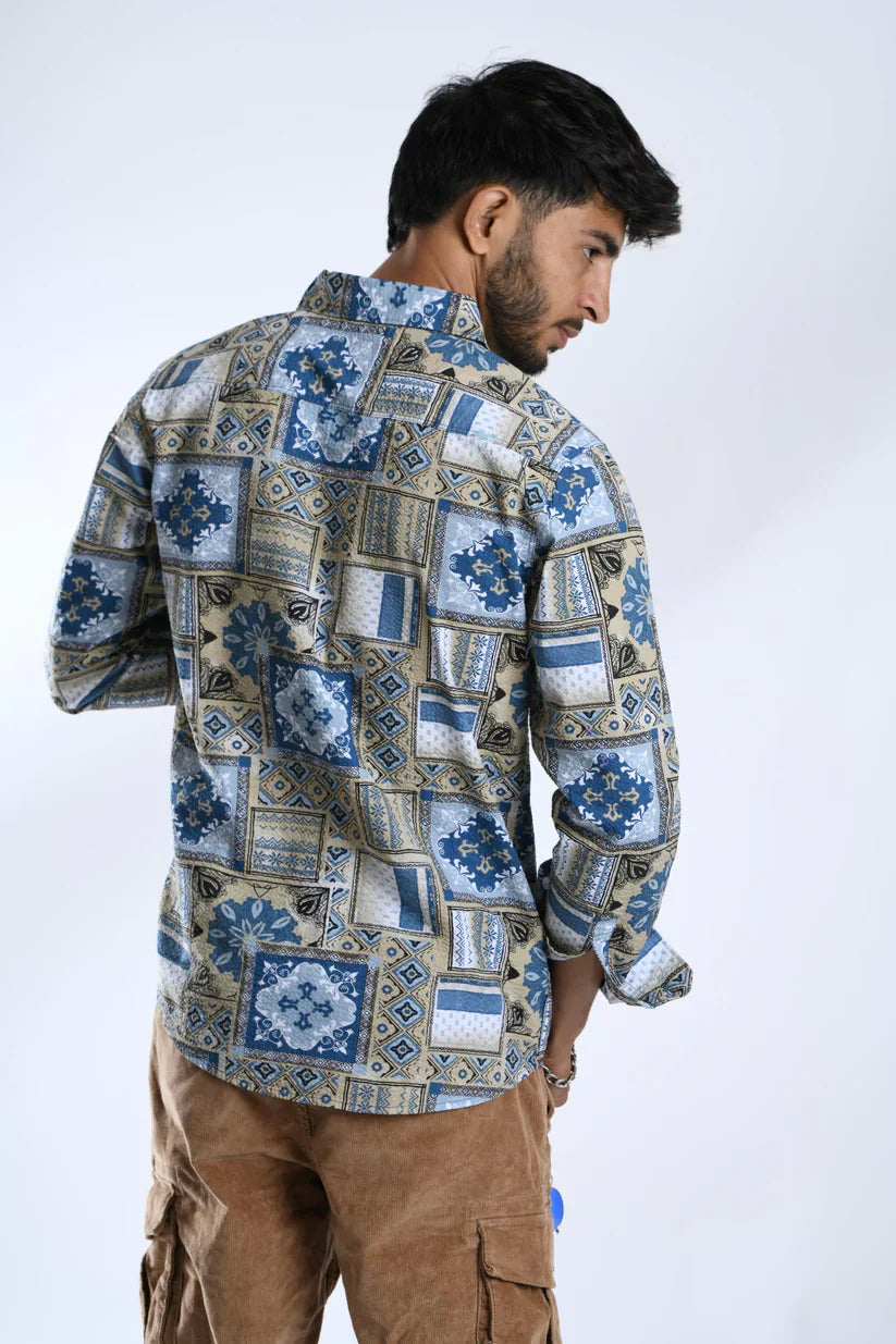 Azure Abstraction Printed Shirt with abstract design in azure color, men's fashion.