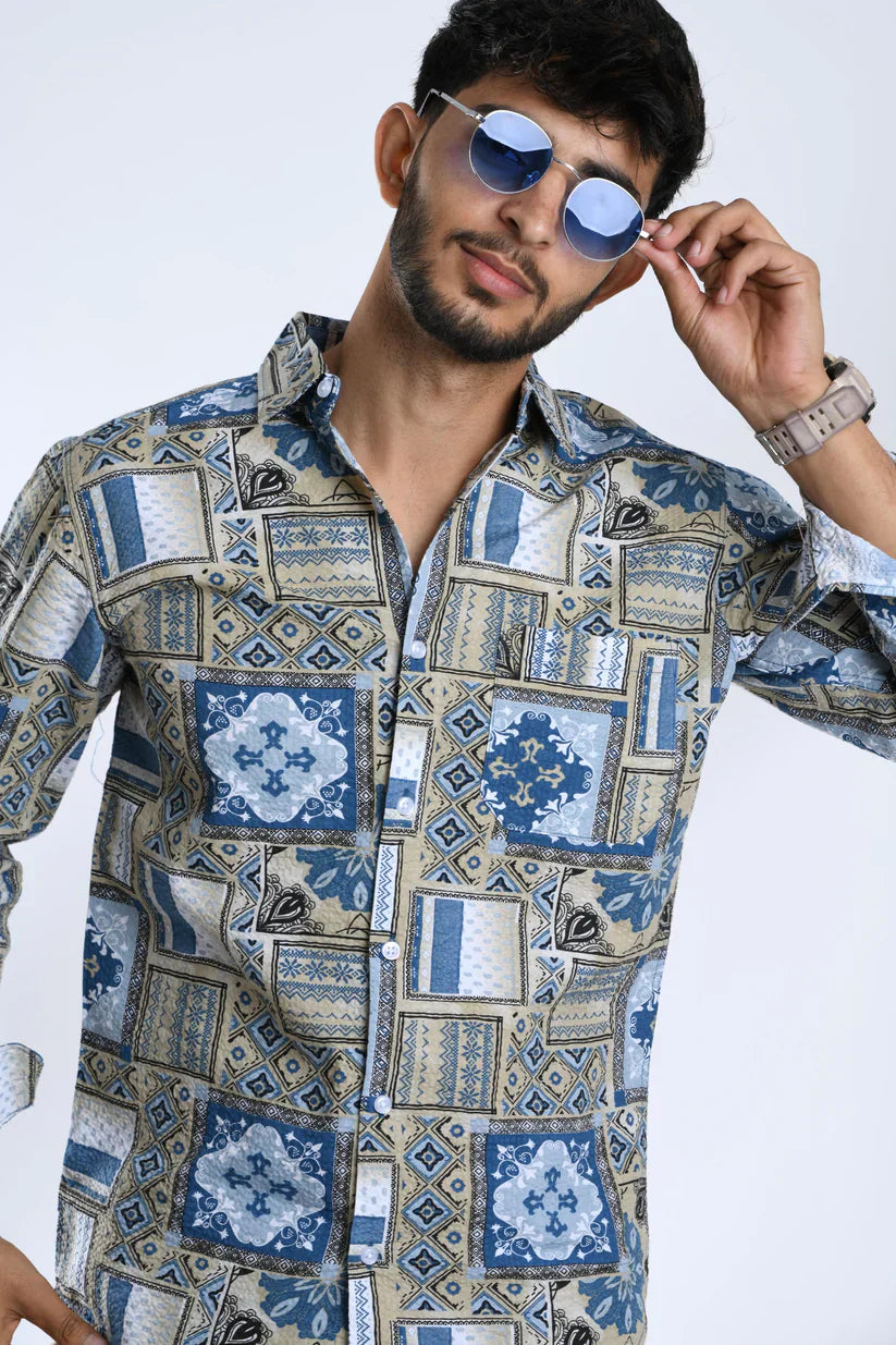Azure Abstraction Popcorn Shirt with abstract design in blue tones for men.
