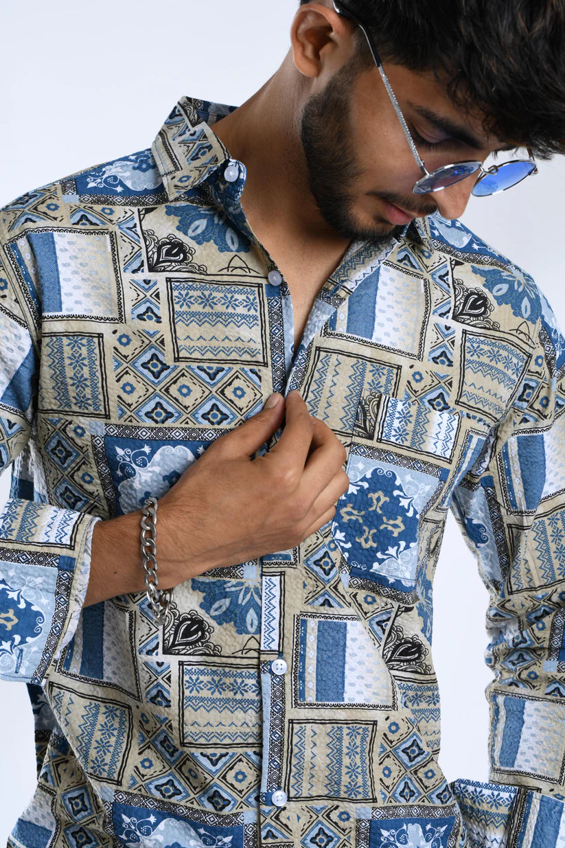 Azure Abstraction Popcorn Shirt with abstract design in vibrant azure color.