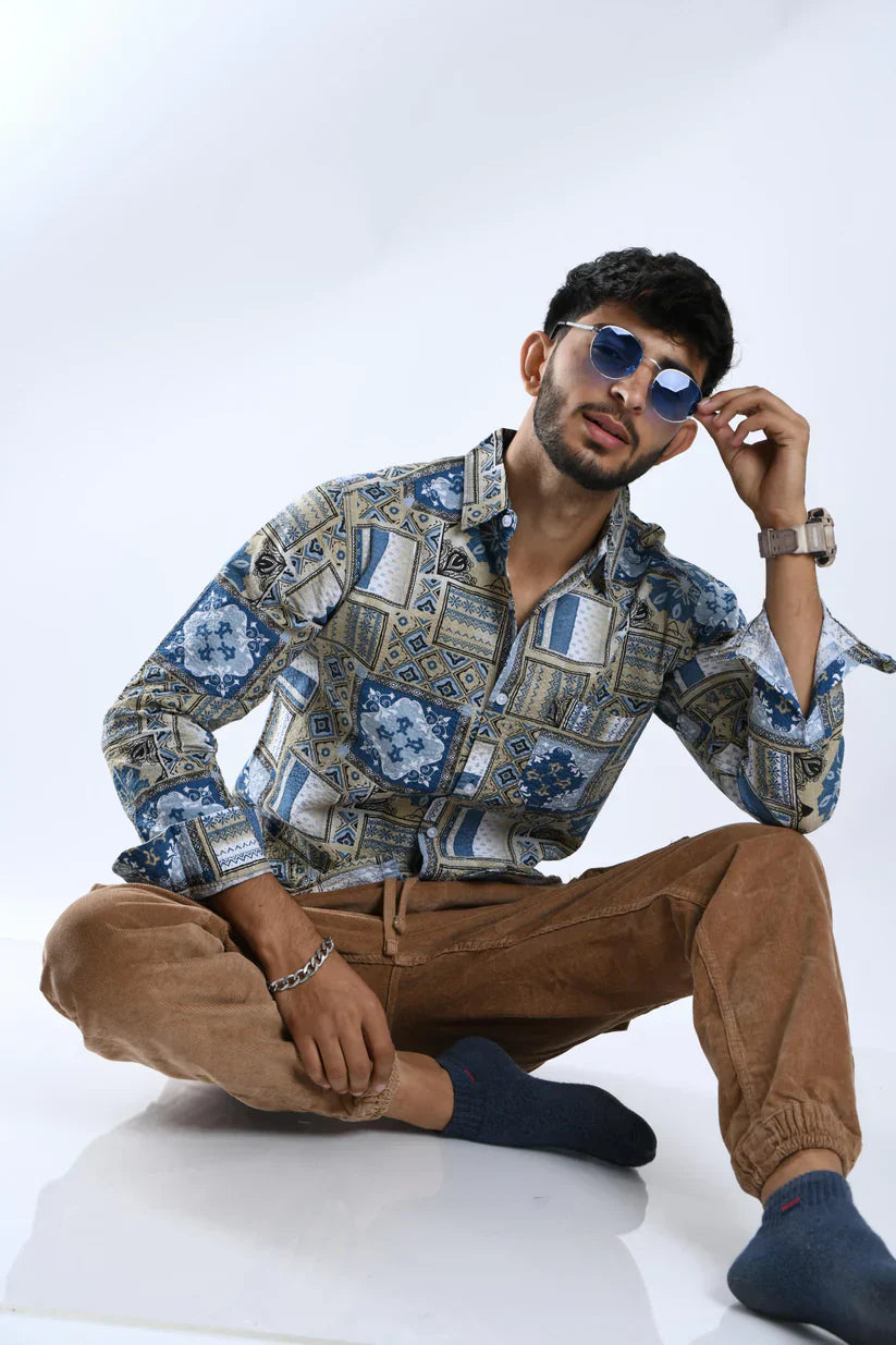 Azure Abstraction Printed Shirt for Men with Abstract Design in Azure Color