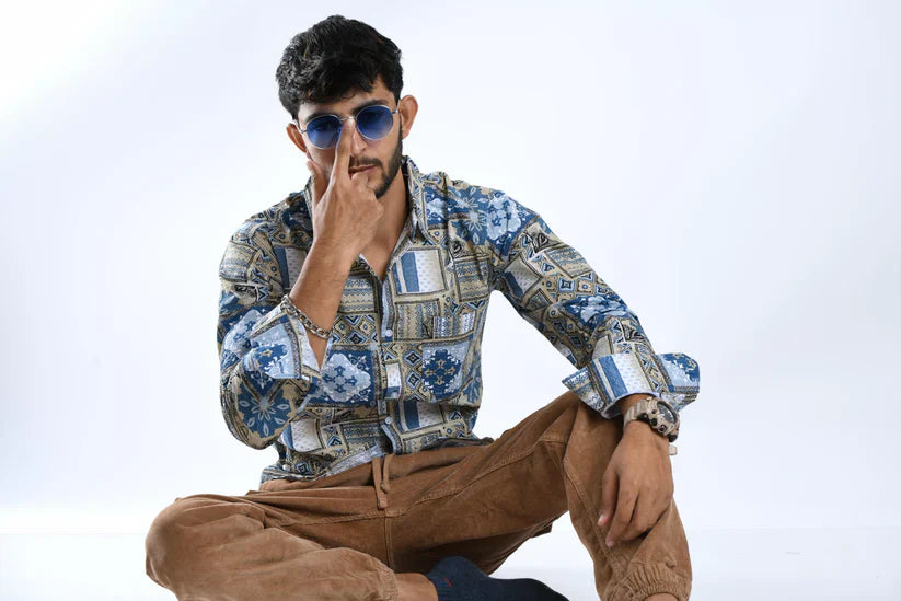 Men's azure abstraction printed shirt with an abstract design, luxury fashion style.