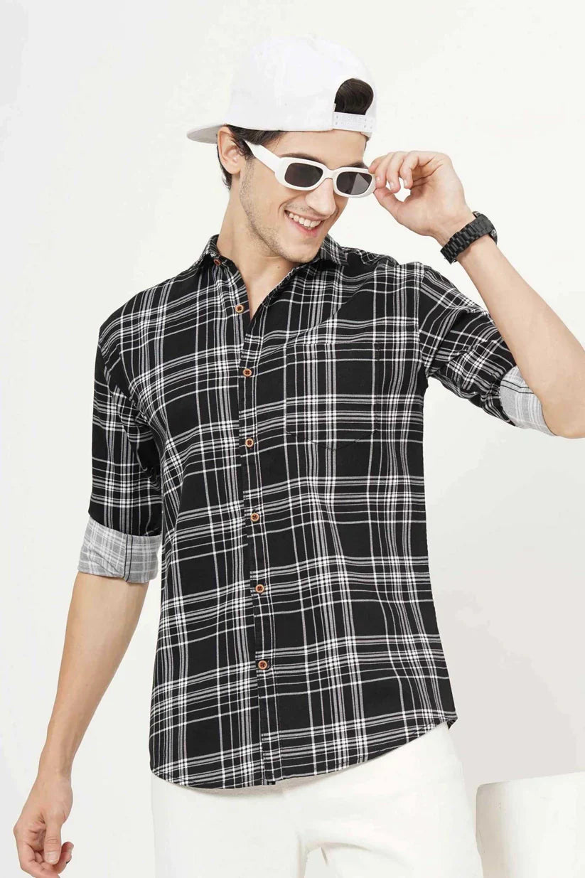 Black checks shirt, 100% cotton, stylish black and white lines, classic design for men.