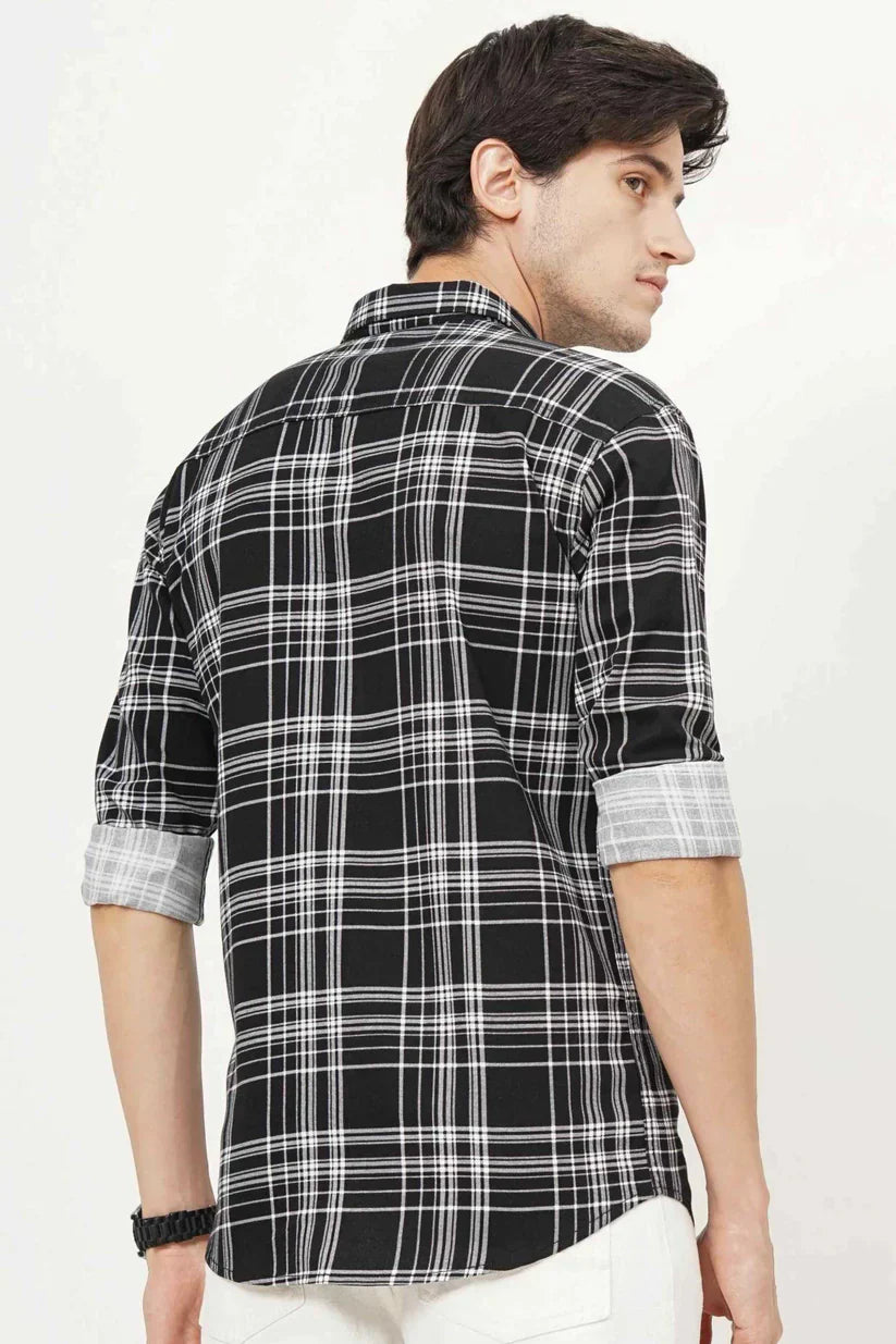 Men's black checks shirt with white lines, 100% cotton.