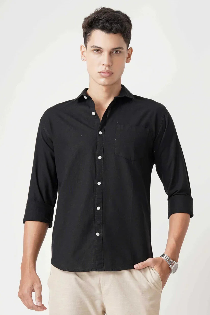 Black linen shirt, premium quality, elegant design.