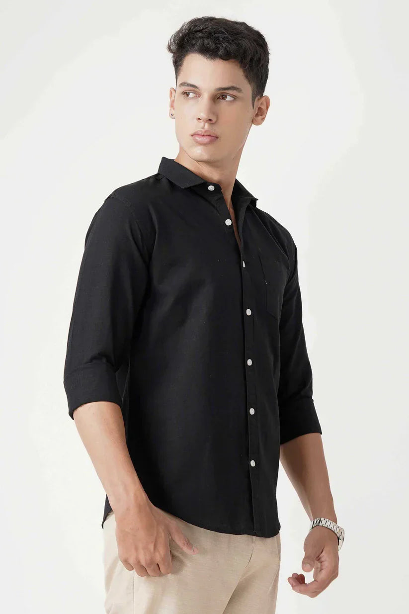 Black linen shirt made from pure Lenin fabric, elegant and premium branded.