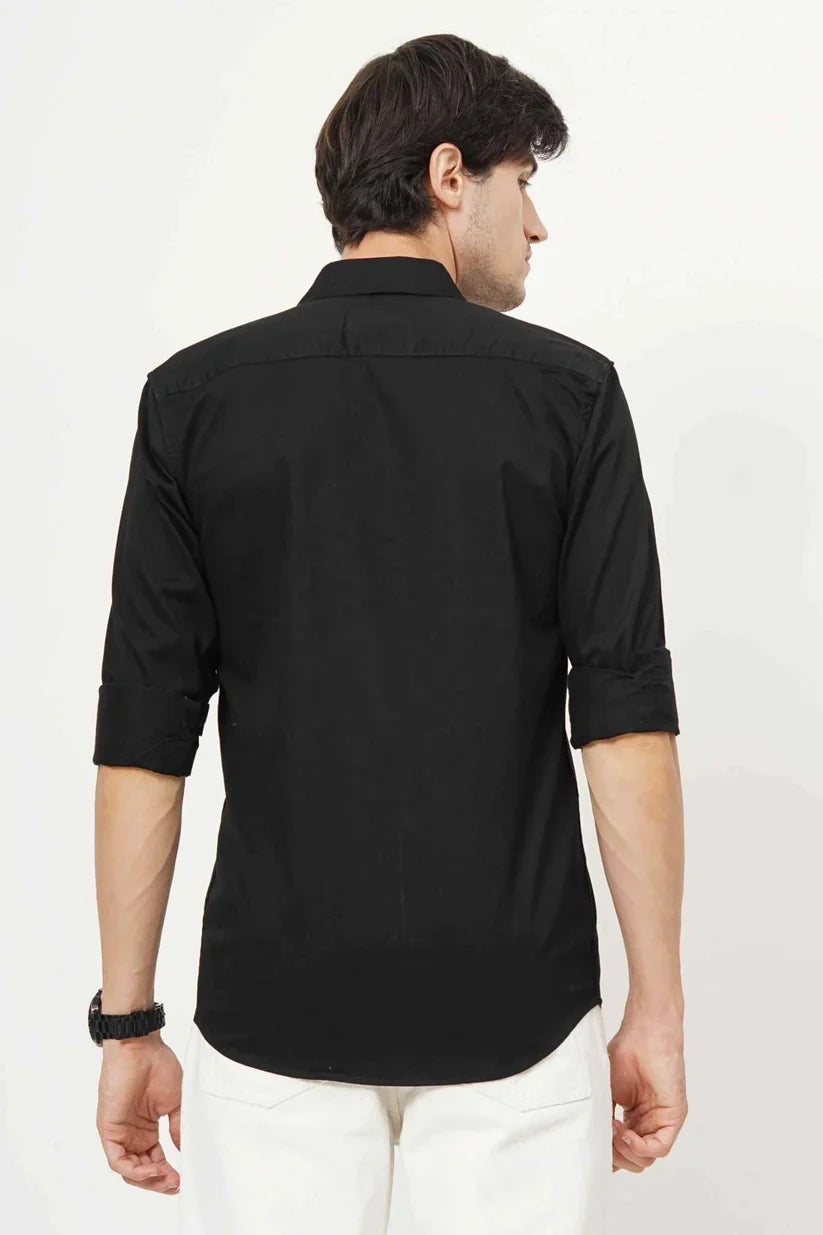 Men's black plain cotton shirt, classic and timeless design.