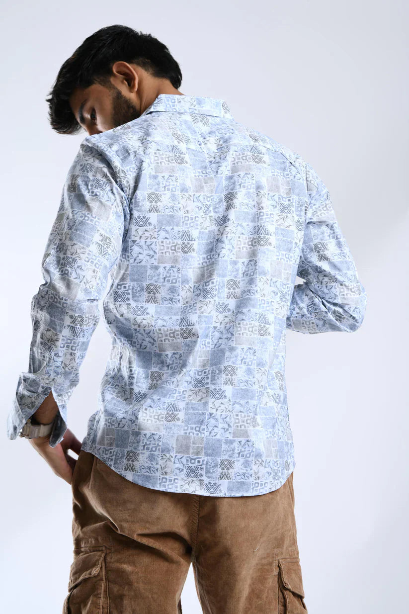 Blue floral printed shirt for men, stylish and comfortable.