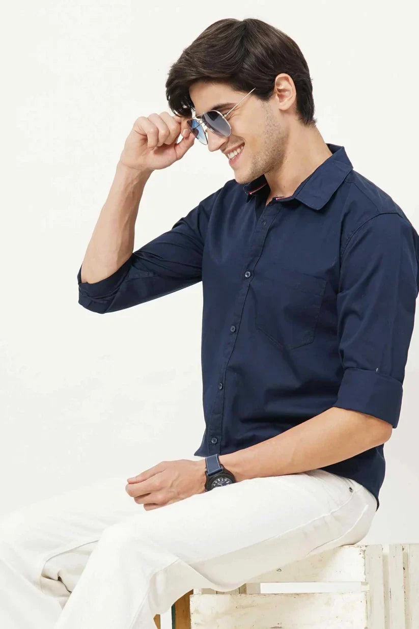 Men's cotton blueish plain shirt for style and comfort.