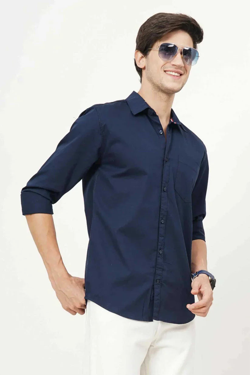 Blueish plain cotton shirt for men, premium branded style.