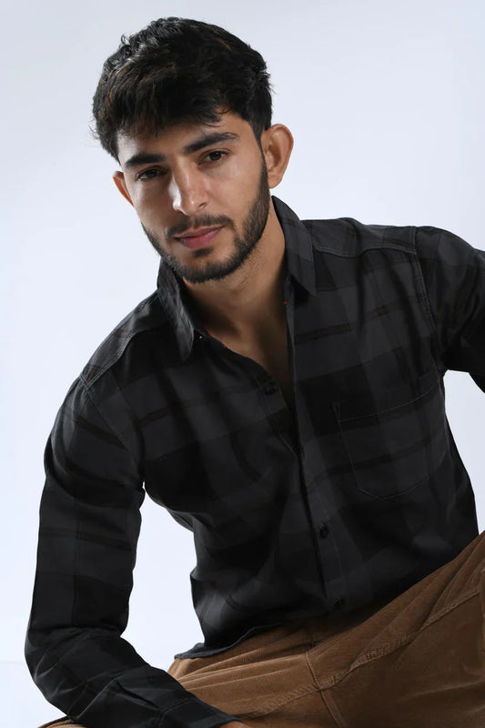 Men's cement black checks shirt, 100% cotton, timeless design.