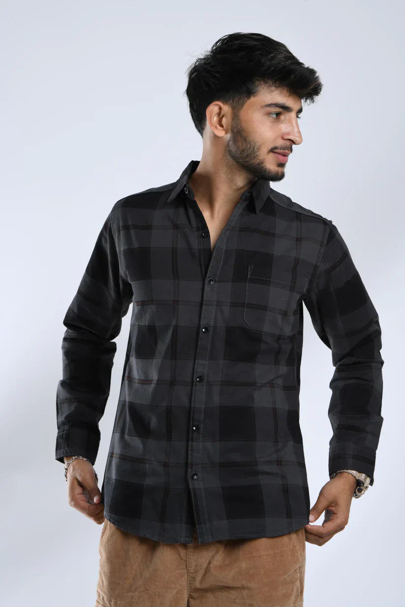 Cement black checks shirt for men, 100% cotton fabric.