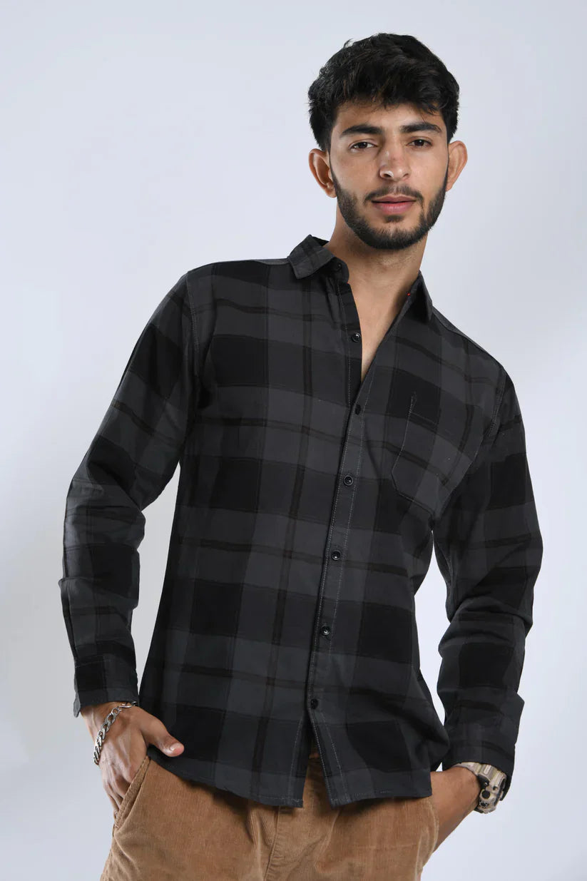 Men's cement black checks shirt in 100% cotton fabric.