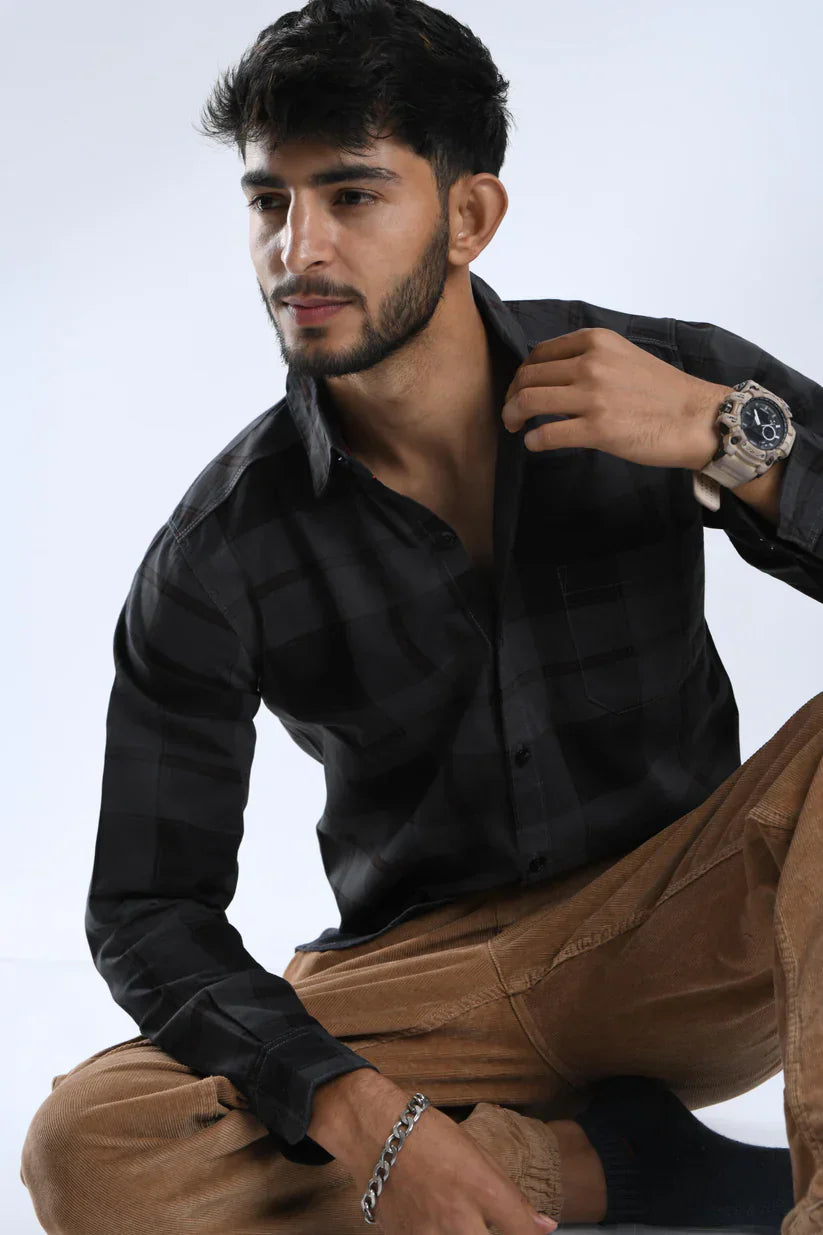 Cement black checks shirt for men in 100% cotton fabric.