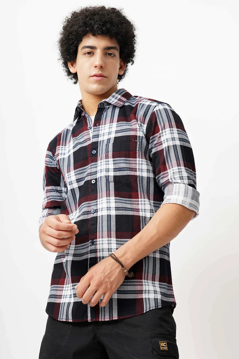 Maroon grid shirt for men in cotton mix fabric, stylish and comfortable.