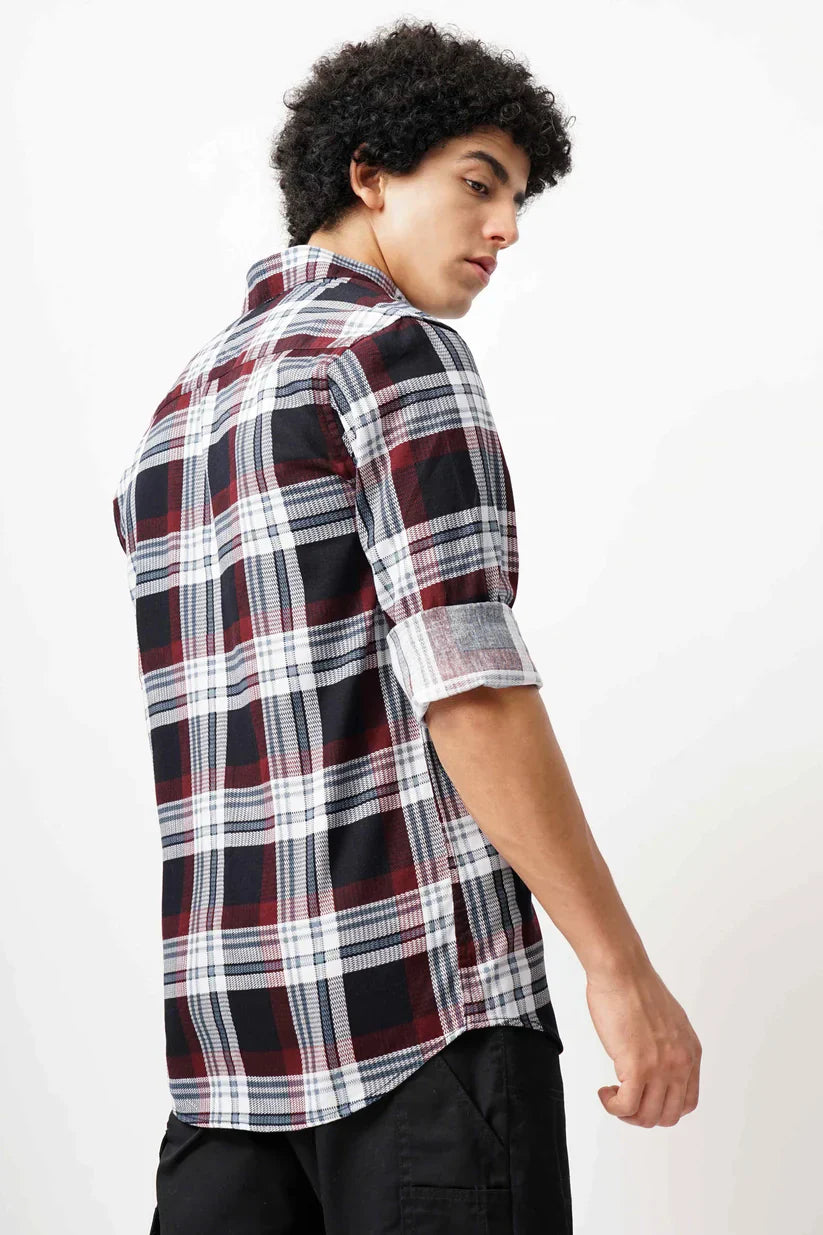 Men's maroon grid shirt made with cotton mix fabric, classic design, premium comfort.