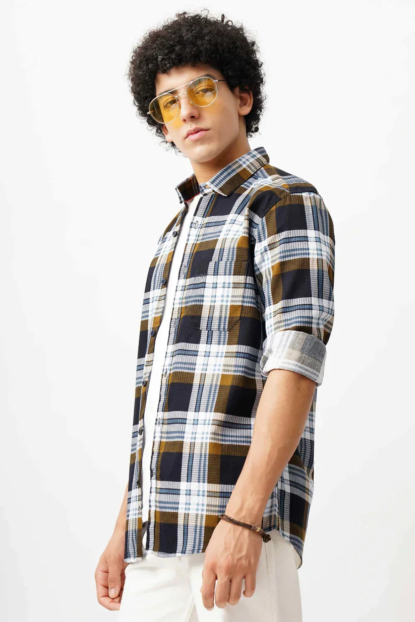 Men's sand grid shirt made with cotton mix fabric, classic design.