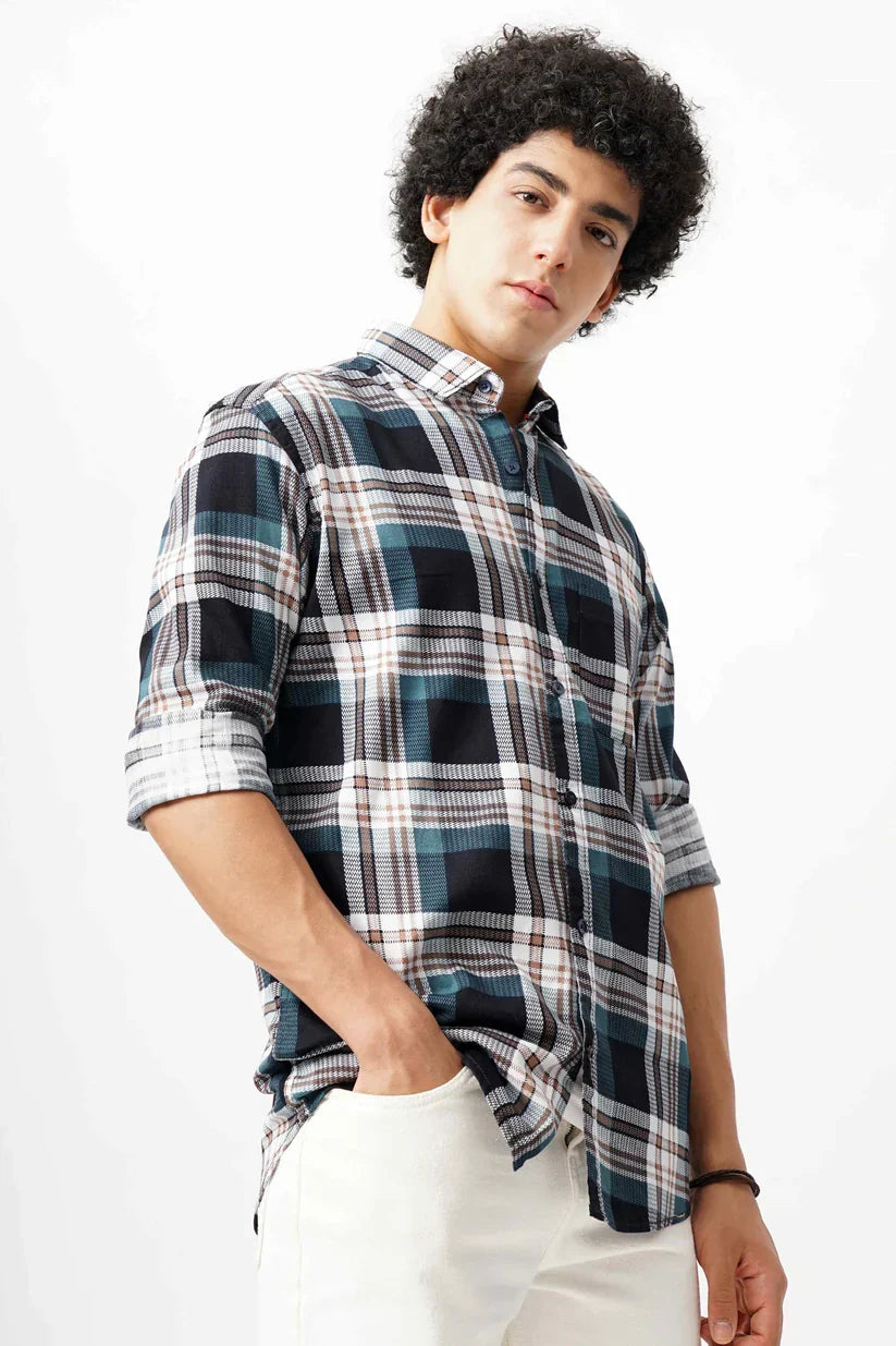 Stylish blue grid shirt for men made with cotton mix fabric.