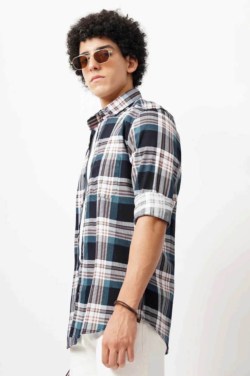 Blue grid shirt for men in cotton mix fabric, classic design.