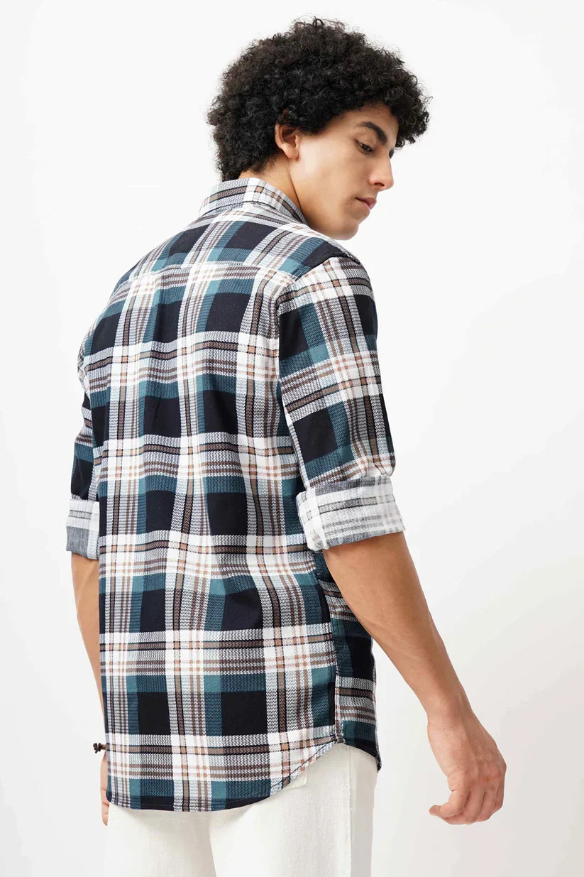 Men's blue grid shirt, cotton mix fabric, classic design.