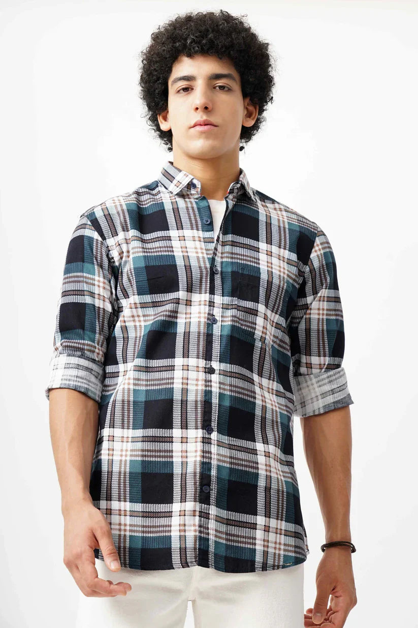 Men's stylish blue grid shirt in cotton mix fabric, classic design.