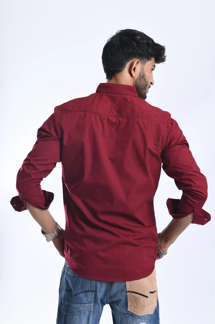 Man wearing a Cherry Citadel shirt, back view, 100% cotton for men.