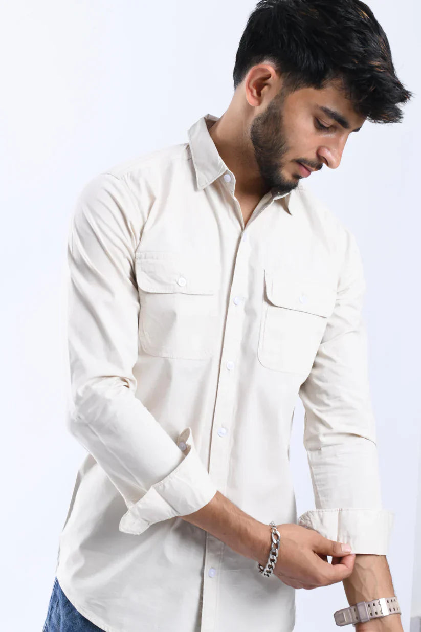 Men's egg white plain shirt, 100% cotton, classic style.