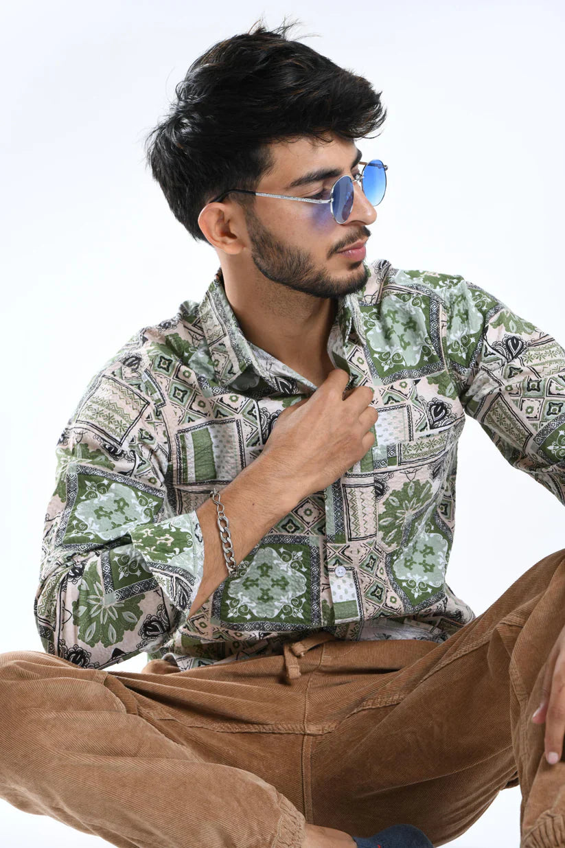 FROSTY FERN POPCORN SHIRT in unique green design worn by a man.