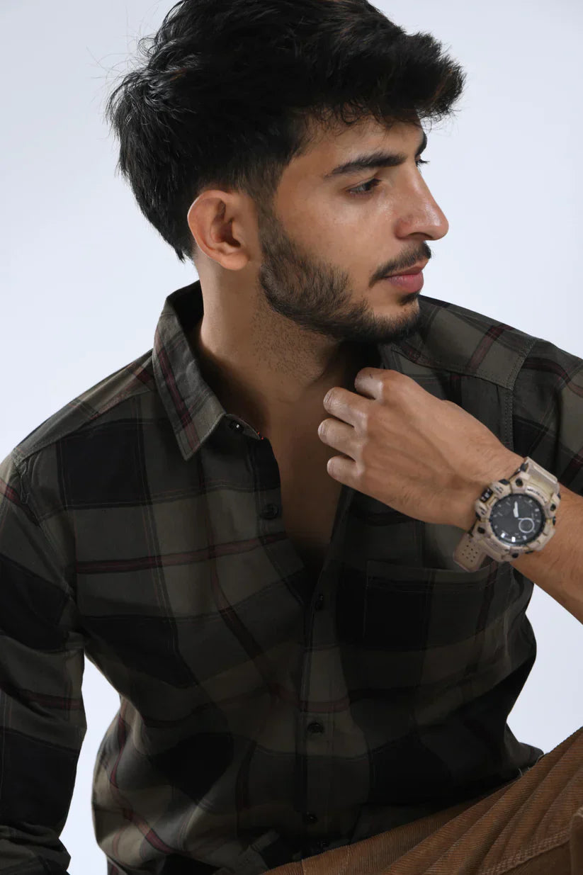 Men's grey black check shirt made from 100% cotton.