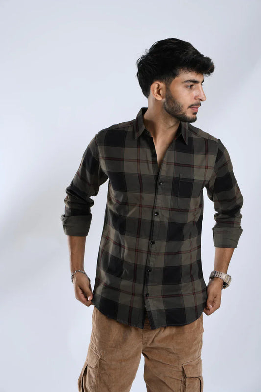 Grey black check shirt for men made from 100% cotton, featuring a timeless design and classic style.