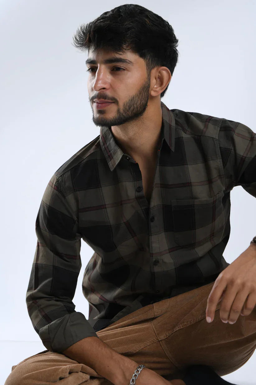 Men's grey black check shirt, 100% cotton, classic design.