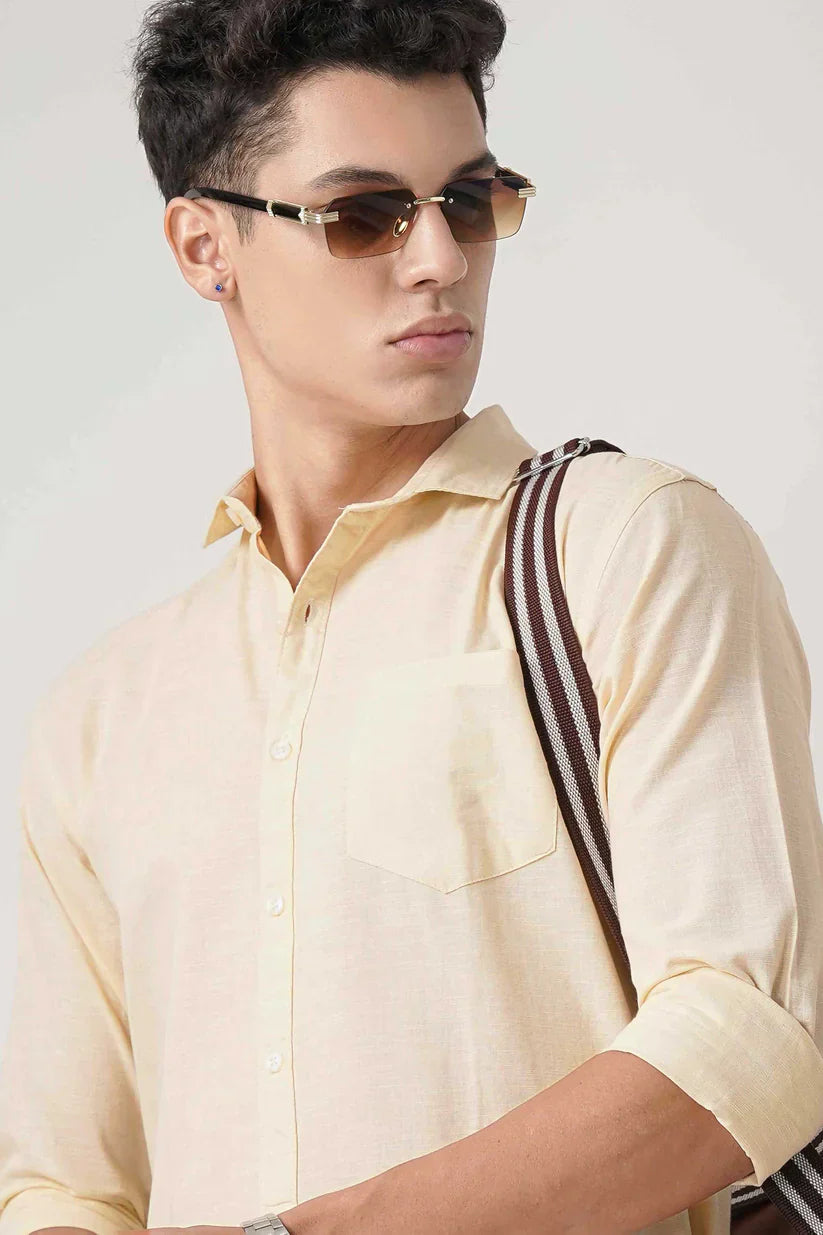 Lemon yellow formal linen shirt for men, sophisticated and comfortable.