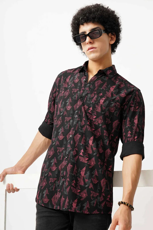 Maroon azure canvas shirt with geometric print, front view