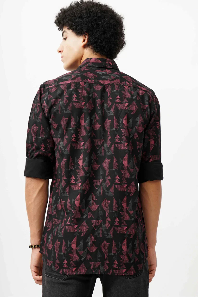 Maroon azure canvas shirt with unique azure design, back view on model.