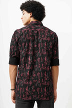 Maroon azure canvas shirt with unique azure design, back view on model.