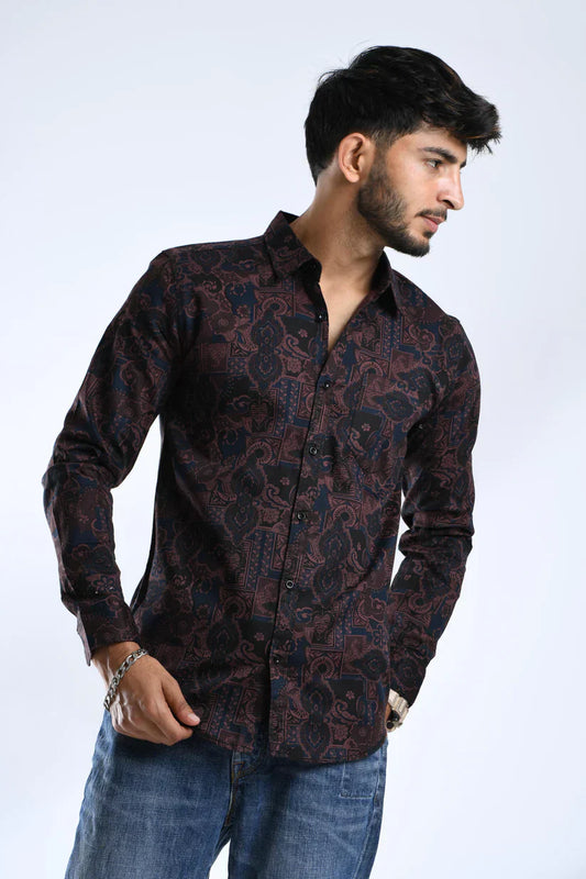 maroon printed shirt for men in 100% cotton, stylish and comfortable